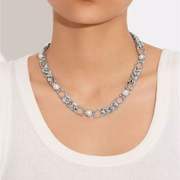 Coach Signature Curb Silver Plated Monogram w Glass Pearl Beads Necklace - Picture 2 of 8